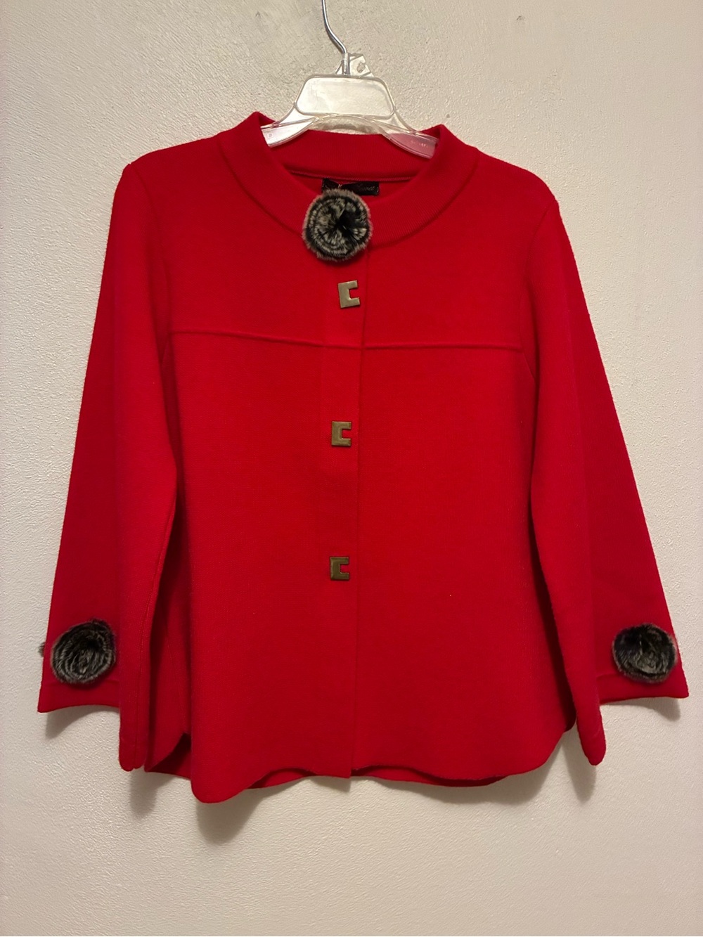 Red Women's Wool-Blend Sweater Jacket with Faux Fur Trim